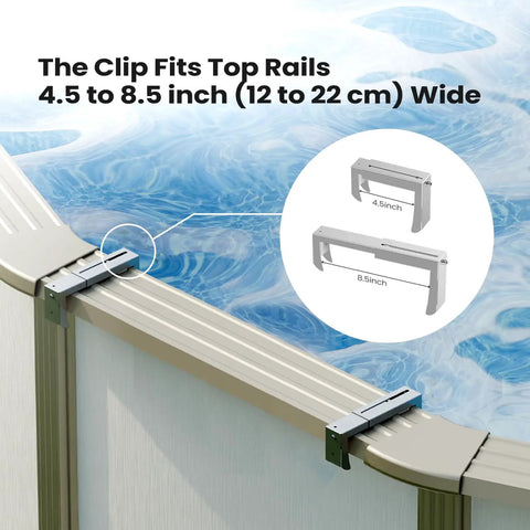 Side view of poolside drink bar table clips fitting top rails, dimensions 4.5 to 8.5 inches wide, for above ground pools.