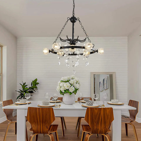 Wagon Wheel Chandelier 9 Light Black Farmhouse Industrial Metal Pendant Light With Crystal Accents for dining room.