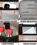 Insulated Picnic Backpack Lunch Bag with roomy 12 by 8.7 by 10 inch interior showing pockets for phone, cutlery, bottles, and napkins.