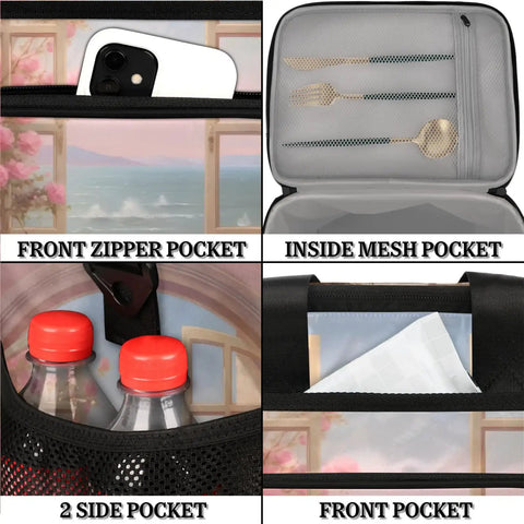 Insulated Picnic Backpack Lunch Bag with roomy 12 by 8.7 by 10 inch interior showing pockets for phone, cutlery, bottles, and napkins.