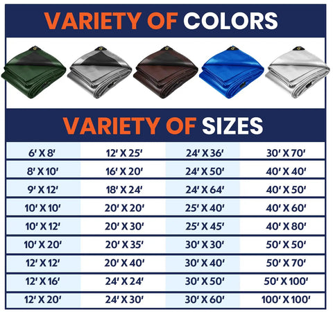 Variety of tarp colors and sizes, including Heavy Duty 7 Mil Tarp Cover Waterproof UV Resistant Rip And Tear Proof Poly Tarpaulin.