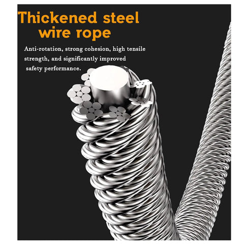 Thickened steel wire rope showcasing anti-rotation design, part of Hella Tough Self Retracting Lanyard Fall Protection Kit.