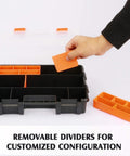 Person adjusting customizable dividers in Four Piece Toolbox Storage Set With Customizable Removable Dividers Heavy Duty Durable Plastic Organizers For Tools And Parts Versatile Carry Case For Home Workshop Or Garage Pro Grade Bold Black And Orange Garage Ready.