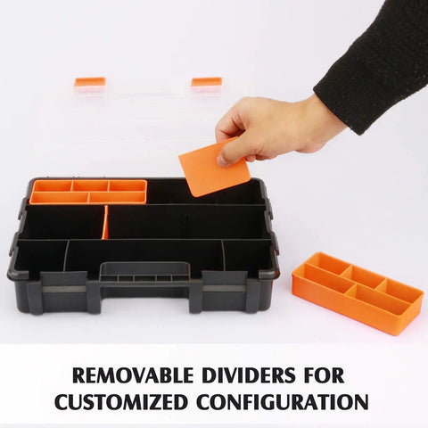 Person adjusting customizable dividers in Four Piece Toolbox Storage Set With Customizable Removable Dividers Heavy Duty Durable Plastic Organizers For Tools And Parts Versatile Carry Case For Home Workshop Or Garage Pro Grade Bold Black And Orange Garage Ready.