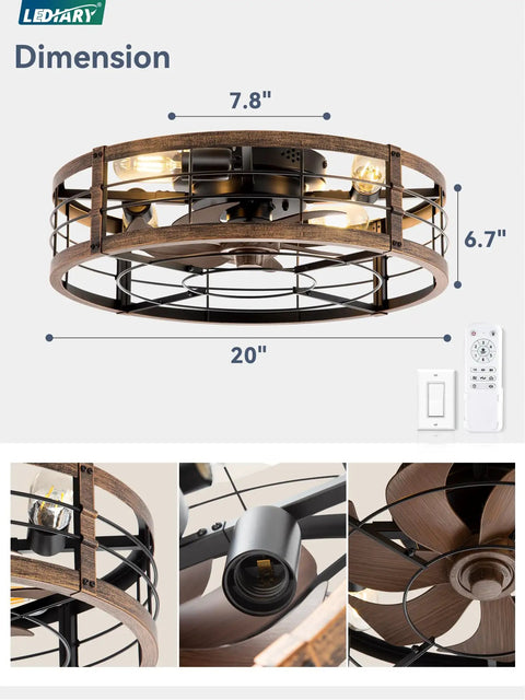 20-Inch Caged Ceiling Fan With Light And Remote, Low-Profile Flush Mount Fandelier In Industrial Farmhouse Style dimensions