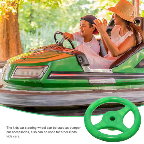 Kids Steering Wheel Toy For Outdoor Playsets And Swings, green plastic wheel shown in toy car with children playing