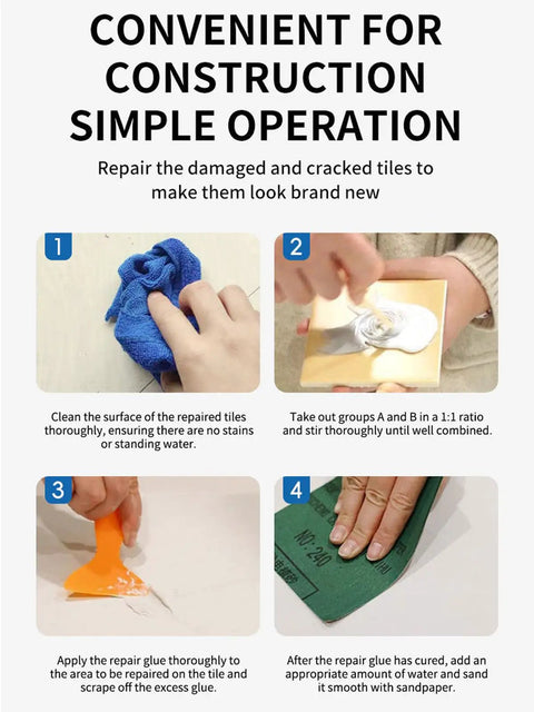 Instructions for Color Match Porcelain Tile And Stone Crack Repair Kit For Ceramic Marble Granite And More Surfaces Fix Cracks Fast Like New With A Pro Grade All In One Kit For Kitchen Bathroom Balcony And More showing cleaning, mixing, applying glue, and sanding.