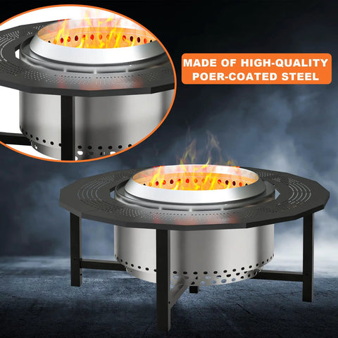 40 Inch Fire Pit Surround Tabletop with Cover for Bonfire and Ranger Pits Built to Last in Powder Coated Steel, close-up view.