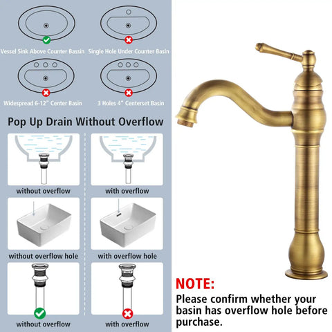 Antique Brass Vessel Sink Faucet With 360 Degree Swivel Spout Tall Brushed Brass Lavatory Vanity Mixer Single Handle Hot Cold Water No Splash Filtered Bubbler Pop Up Drain Deck Mount