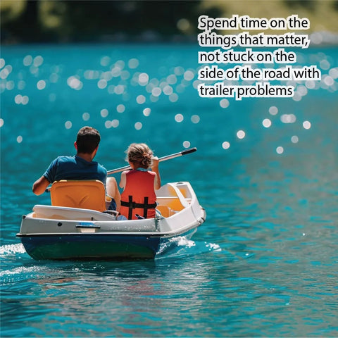 2-inch rubber wheel hub trailer bearing dust cap plug grease cover, 2-pack; two people in a small boat on blue water.