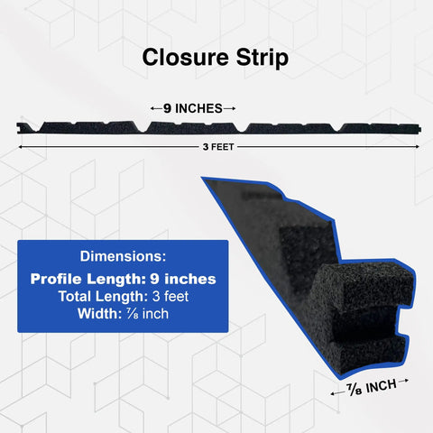 Top Shelf Black Foam Closure Strips For Metal Roofs 3 Ft Long With 9 Inch Rib Spacing, dimensions showing profile and width.