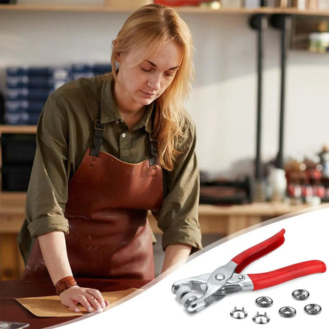 Woman using 200 Piece Metal Snap Button Set with Quick Fastener Pliers Tool Kit for DIY fashion, sewing, durable 9.5mm snaps