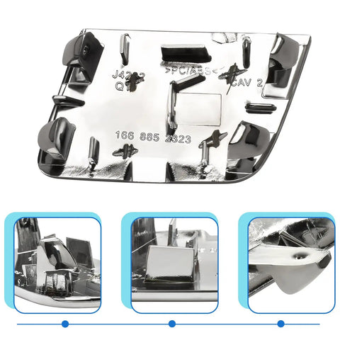 Back view of Mercedes Benz Chrome Rear Bumper Tow Hook Eye Cap Cover Replacement Fits 2015 2019 ML GLE GL GLS W166 W292 Models 1668852323 Easy Install Durable OE Grade Plus showing clip detail.