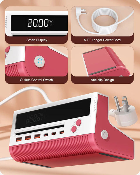 Heavy Duty 10 Port Power Strip With Smart Digital Display And A Rock Solid 5 Ft Extension showing smart display and control switch settings.
