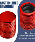 Premium Anodized Alloy Tire Valve Stem Caps 4 Pack Anti Corrosion Universal Fit For Car SUV Bike Red Durable Metal Air Valve Covers To Protect Valves And Extend Tire Life Tough As Nails, featuring plastic lining and anti-corrosion features, shown in red color with close-up detail of the material and design.