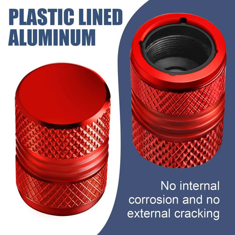 Premium Anodized Alloy Tire Valve Stem Caps 4 Pack Anti Corrosion Universal Fit For Car SUV Bike Red Durable Metal Air Valve Covers To Protect Valves And Extend Tire Life Tough As Nails, featuring plastic lining and anti-corrosion features, shown in red color with close-up detail of the material and design.