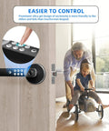 Keyless Fingerprint Door Lock With Silicone Keypad And Biometric Access installed on wooden door, child and adult visible in background.