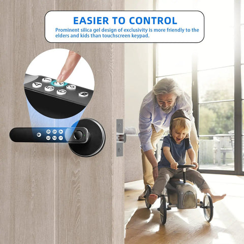 Keyless Fingerprint Door Lock With Silicone Keypad And Biometric Access installed on wooden door, child and adult visible in background.