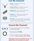 Infographic on items that can and cannot be cleaned with Powerful 45kHz Ultrasonic Cleaner, including jewelry and glasses.