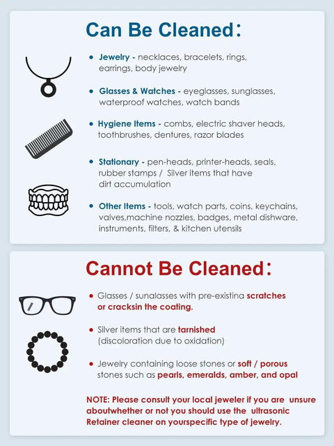 Infographic on items that can and cannot be cleaned with Powerful 45kHz Ultrasonic Cleaner, including jewelry and glasses.