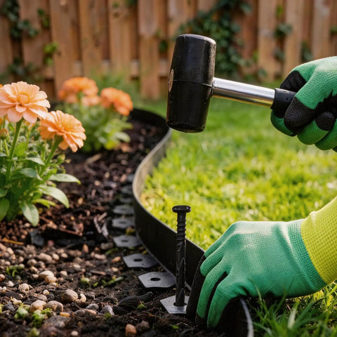Installing No Dig Landscape Edging Kit 1.5 Inch By 100 Foot With 150 Spikes, Hammer And Gloves next to garden bed