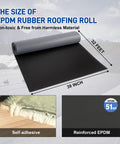 Rock Solid Heavy Duty EPDM Rubber Roofing Roll Featuring Butyl Self Adhesive Foolproof Peel And Install Design For Flat Or Camper Roofs 51 Mil Thick Flexible Waterproof Tight As A Drum Seal 39X33 laying flat, showcasing dimensions of 39 inches by 32 feet.