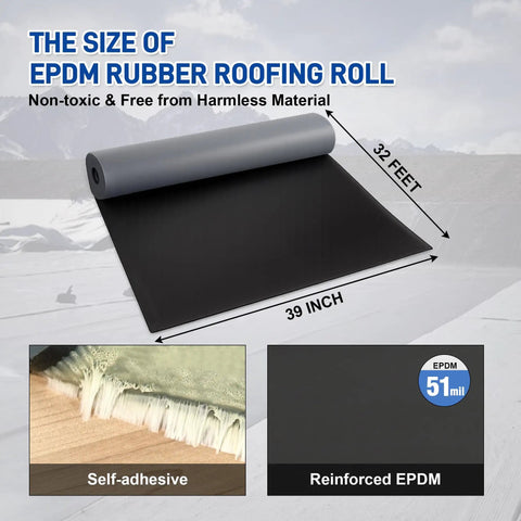 Rock Solid Heavy Duty EPDM Rubber Roofing Roll Featuring Butyl Self Adhesive Foolproof Peel And Install Design For Flat Or Camper Roofs 51 Mil Thick Flexible Waterproof Tight As A Drum Seal 39X33 laying flat, showcasing dimensions of 39 inches by 32 feet.