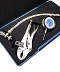 Dasqua 7611-0025 0-1-inch disc and rotor flex chrome automotive set, front view in blue case with pliers and gauge