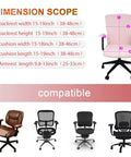 Image showing dimensions and compatibility of a 4 Piece Stretchable Office Chair Cover Set Universal Fit For Rotating Chairs Includes Seat Cover Back Cover And Armrest Pads Slipcovers In Polyester Pale Pink For Home Office Vibes Upgrade Your Desk Comfort Easy Cleaning And Quick Setup.
