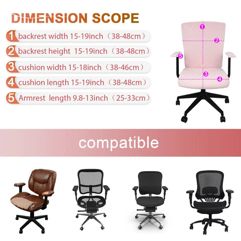 Image showing dimensions and compatibility of a 4 Piece Stretchable Office Chair Cover Set Universal Fit For Rotating Chairs Includes Seat Cover Back Cover And Armrest Pads Slipcovers In Polyester Pale Pink For Home Office Vibes Upgrade Your Desk Comfort Easy Cleaning And Quick Setup.