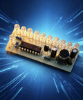 Hands On Soldering Practice Kit For DIY Electronics Learning Board with LED lights and components on a futuristic background.