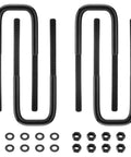 Extended Square Bend U Bolts Four Pack For One To Two Inch Lift Applications Eight And A Half Inch Long And Two And A Half Inch Wide With Nine Sixteenth Inch Threads And Hardware For Heavy Duty Spring Assembly, showing bolts and washers.