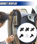 Man inspecting car door with 100 Piece Car Bumper Retainer Clips Set Tough Durable Plastic Fasteners For Auto Body Panels inset