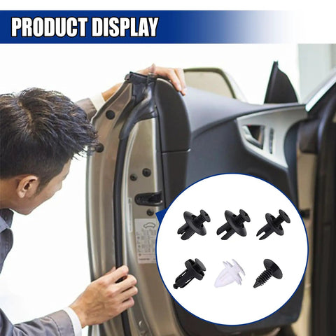 Man inspecting car door with 100 Piece Car Bumper Retainer Clips Set Tough Durable Plastic Fasteners For Auto Body Panels inset