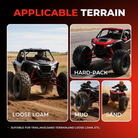 Off-road vehicles on different terrains: loose loam, hard-pack, mud, and sand, showcasing applicable terrain types.