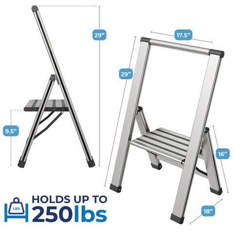 One Step Folding Aluminum Ladder Lightweight Ultra Slim Profile With Anti Slip Steps Portable For Home Office Kitchen And Photography Use Dope For Cleaning Painting And DIY Projects, 29in open ladder