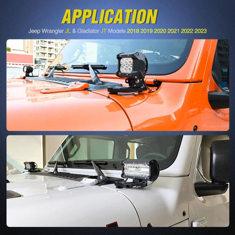 Front A Pillar Hood Cowl Mount Bracket for Offroad LED Pod Lights on Jeep Wrangler JL and Gladiator JT, adjustable mount shown installed