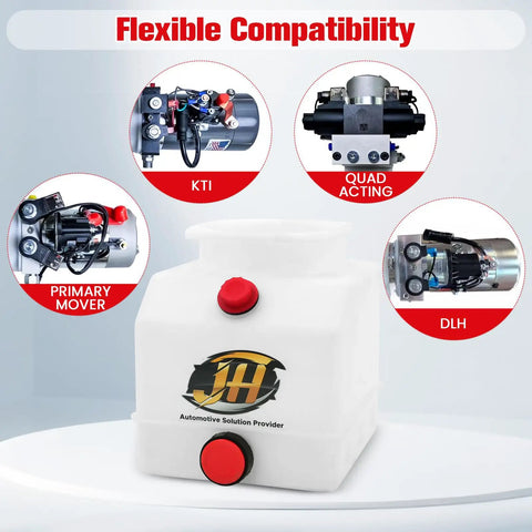 Image of 4 Quart Poly Power Unit Reservoir For Hydraulic Systems Polyethylene Flat Bottom Utility Fluid Tank with compatibility features.