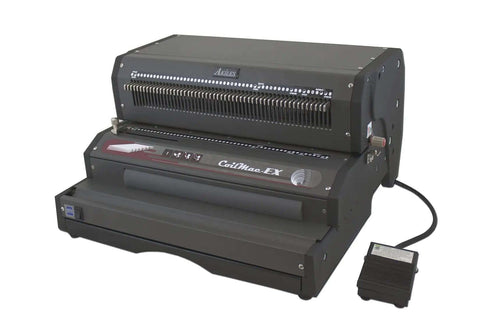 All-In-One Electric Coil Binding Machine With Punch, Inserter And Crimper - 54 Pin, 4x5mm Oval Holes, 4:1 Pitch, foot pedal visible