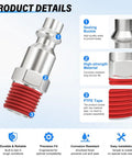 Durable 1/4 Inch Pneumatic Male Plug Connector Fits Air Hose Systems Fast Connects With Zinc Plated Alloy Steel For Heavy Duty Use At Up To 300 Psi, threaded end view