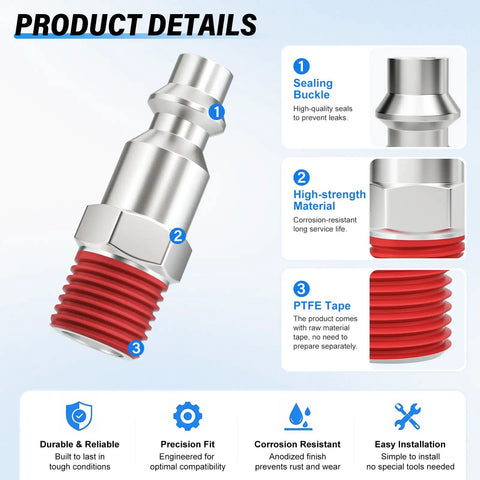 Durable 1/4 Inch Pneumatic Male Plug Connector Fits Air Hose Systems Fast Connects With Zinc Plated Alloy Steel For Heavy Duty Use At Up To 300 Psi, threaded end view