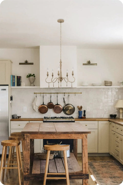 Kitchen with Roma 22 Inch 5-Light French Country Chandelier With Adjustable Height And Smoked Cedar Finish above island.