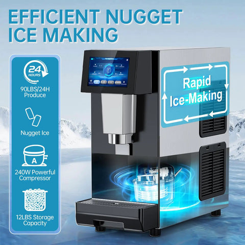 Rugged Commercial Nugget Ice Maker Slings 100 Lbs Of Smooth Chewable Pellets Daily With 12 Lb Storage Tub featuring rapid ice-making process.