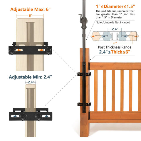 Diagram showing Heavy Duty 304 Stainless Steel Patio Umbrella Holder with adjustable bracket for 2.4-6 inch posts.