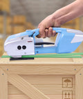 Top Tier Electric Strapping Machine For Boxes And Pallets With 3000 Mah Battery Power Automatic Tension Cut Tool For One Half To Five Eighths Inch Pp Pet Straps Sleek Blue Setup No Sweat Workhorse in use on wooden crate.