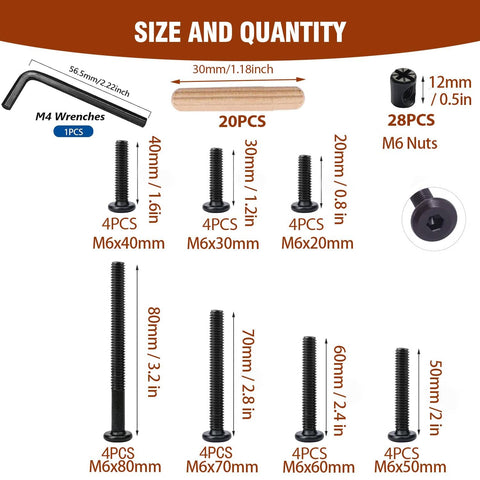 Stainless Steel Crib Hardware Replacement Kit With 76 Pieces Including screws, nuts, dowel, and wrench, detailed sizes shown.