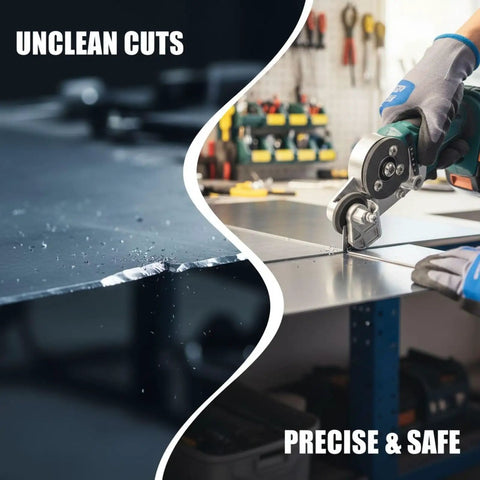Heavy Duty Drill Nibbler Metal Cutter Attachment For Electric Impact Lithium Drills Titanium Steel Gears, showing clean vs unclean metal cuts.
