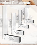 Front view of machinist square set in carbon steel: 2, 3, 4 and 6 inch L-shaped right-angle rulers