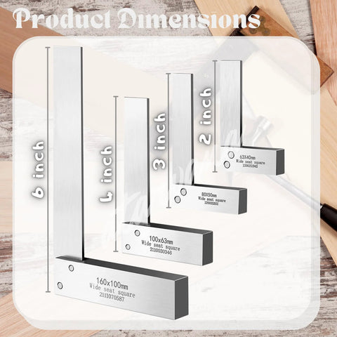 Front view of machinist square set in carbon steel: 2, 3, 4 and 6 inch L-shaped right-angle rulers