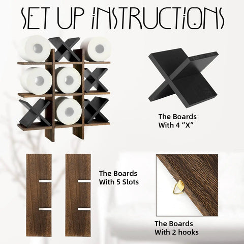 Tic Tac Toe Themed Toilet Paper Holder Stand And Wall Shelf Decor In Rustic Wood Bathroom Organizer with setup instructions